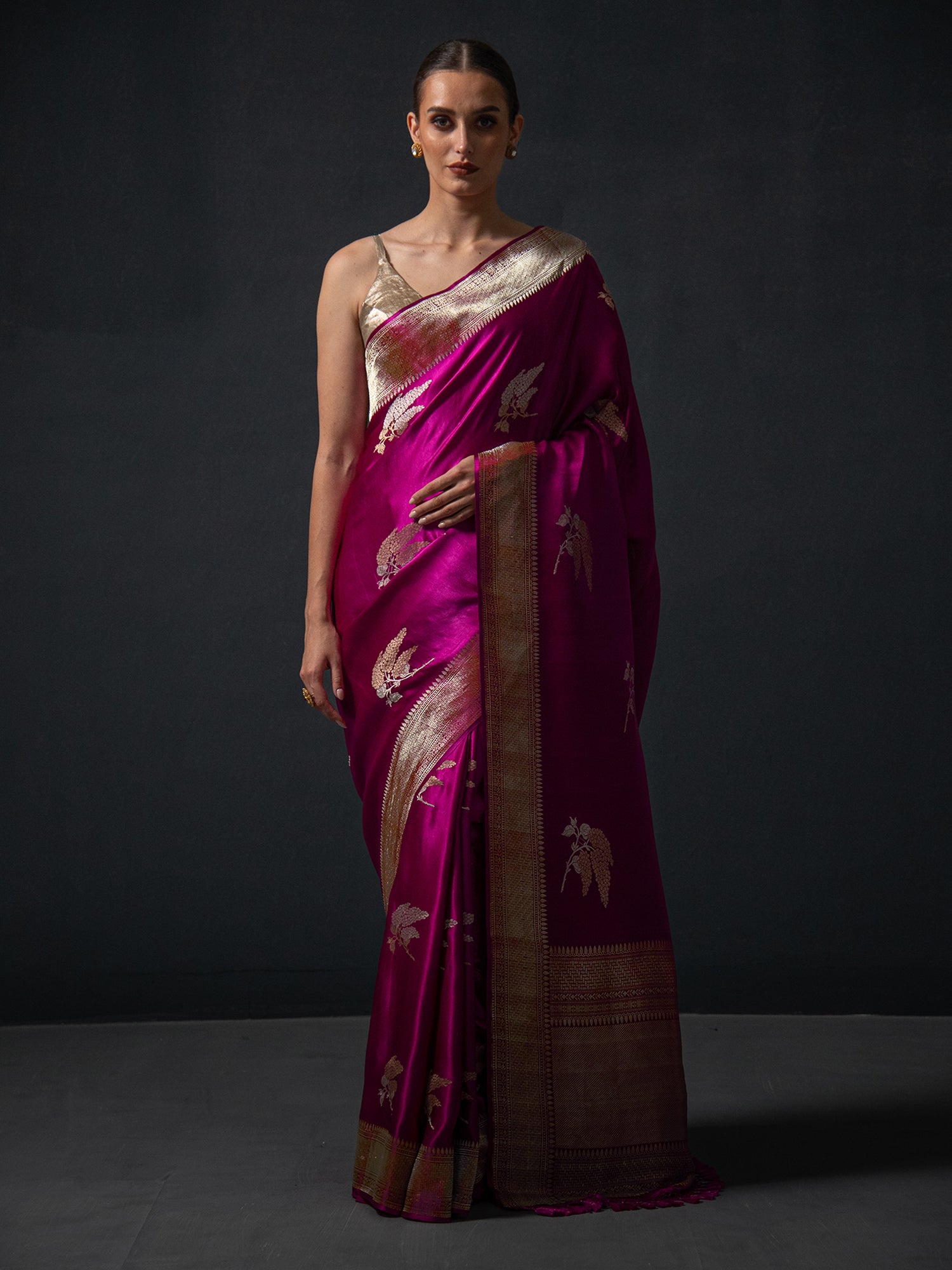 Dark Magenta Boota Satin Silk Handloom Banarasi Saree - Sacred Weaves