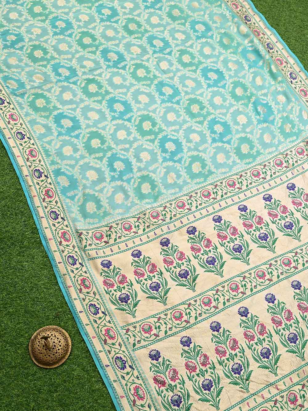 Mint Blue Paithani Rangkat Khaddi Georgette Handloom Banarasi Saree - Sacred Weaves