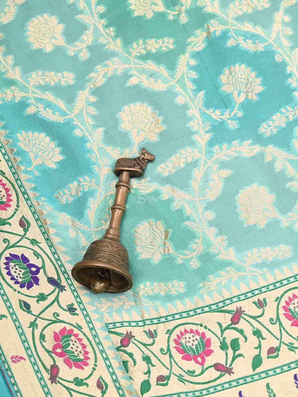 Mint Blue Paithani Rangkat Khaddi Georgette Handloom Banarasi Saree - Sacred Weaves