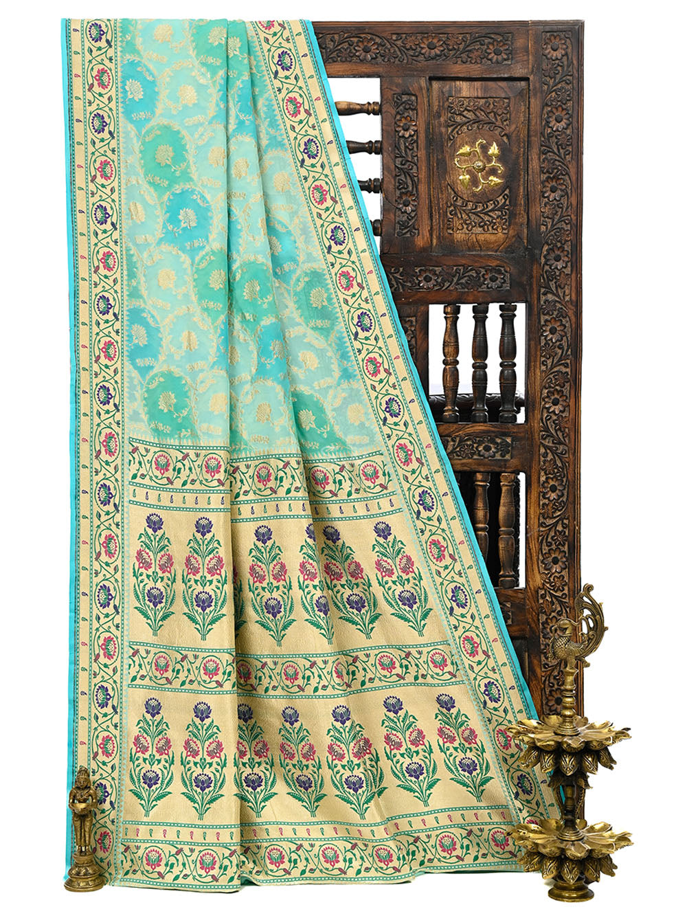 Mint Blue Paithani Rangkat Khaddi Georgette Handloom Banarasi Saree - Sacred Weaves