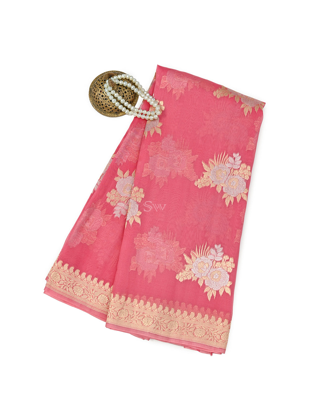 Coral Pink Boota Organza Handloom Banarasi Saree - Sacred Weaves