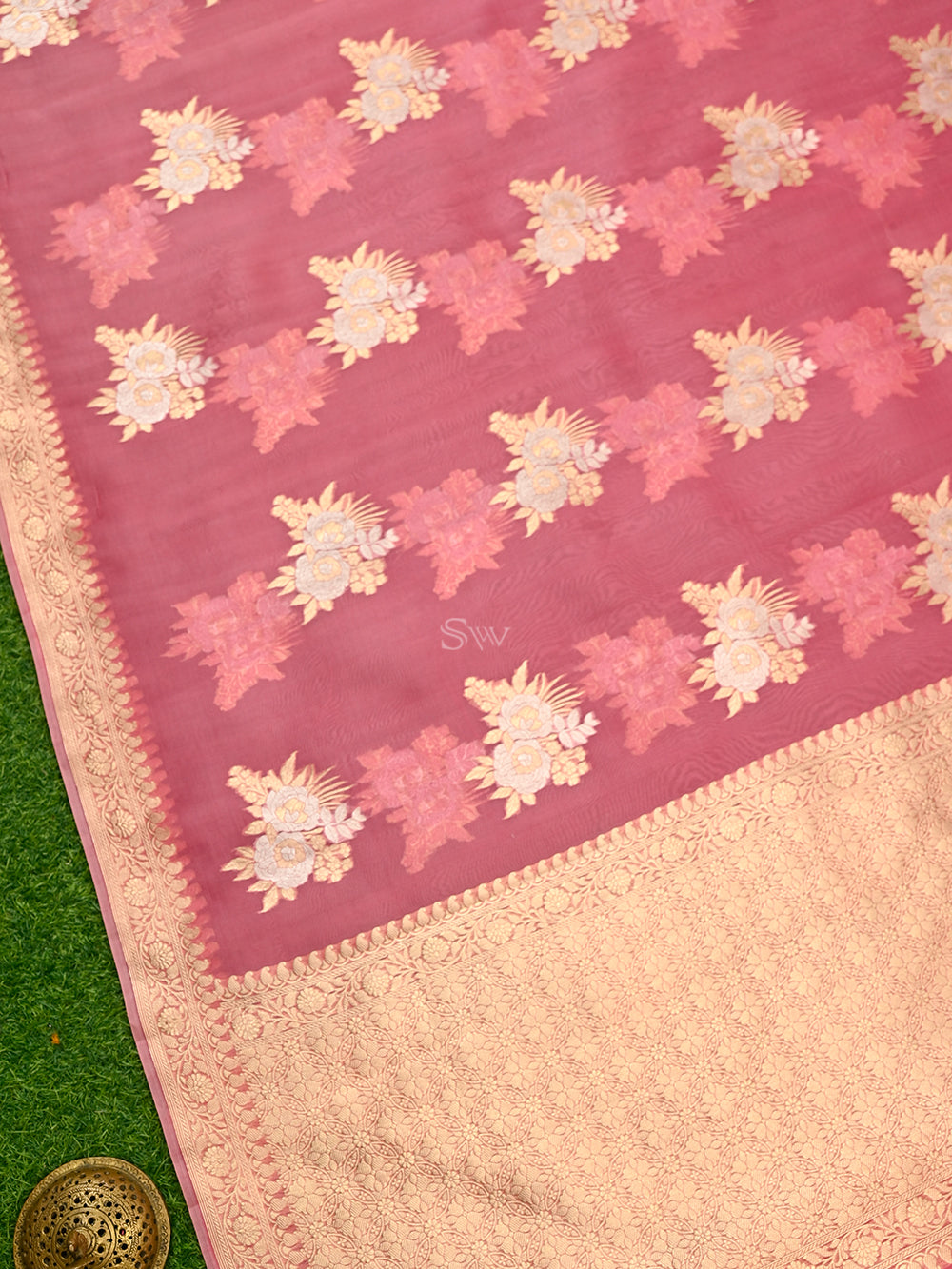 Coral Pink Boota Organza Handloom Banarasi Saree - Sacred Weaves