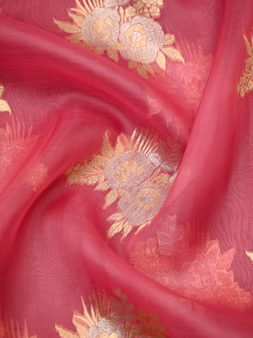 Coral Pink Boota Organza Handloom Banarasi Saree - Sacred Weaves