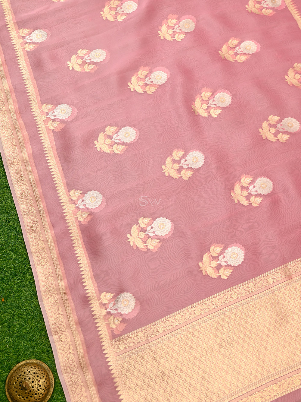 Pastel Pink Boota Organza Handloom Banarasi Saree - Sacred Weaves