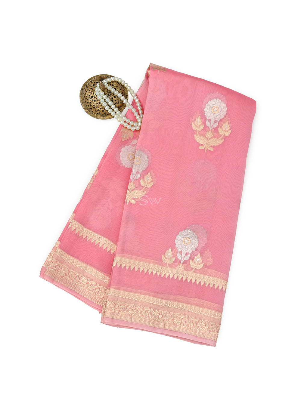 Pastel Pink Boota Organza Handloom Banarasi Saree - Sacred Weaves