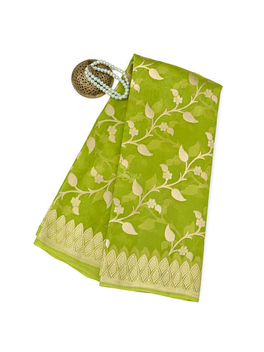 Pista Green Jaal Organza Handloom Banarasi Saree - Sacred Weaves