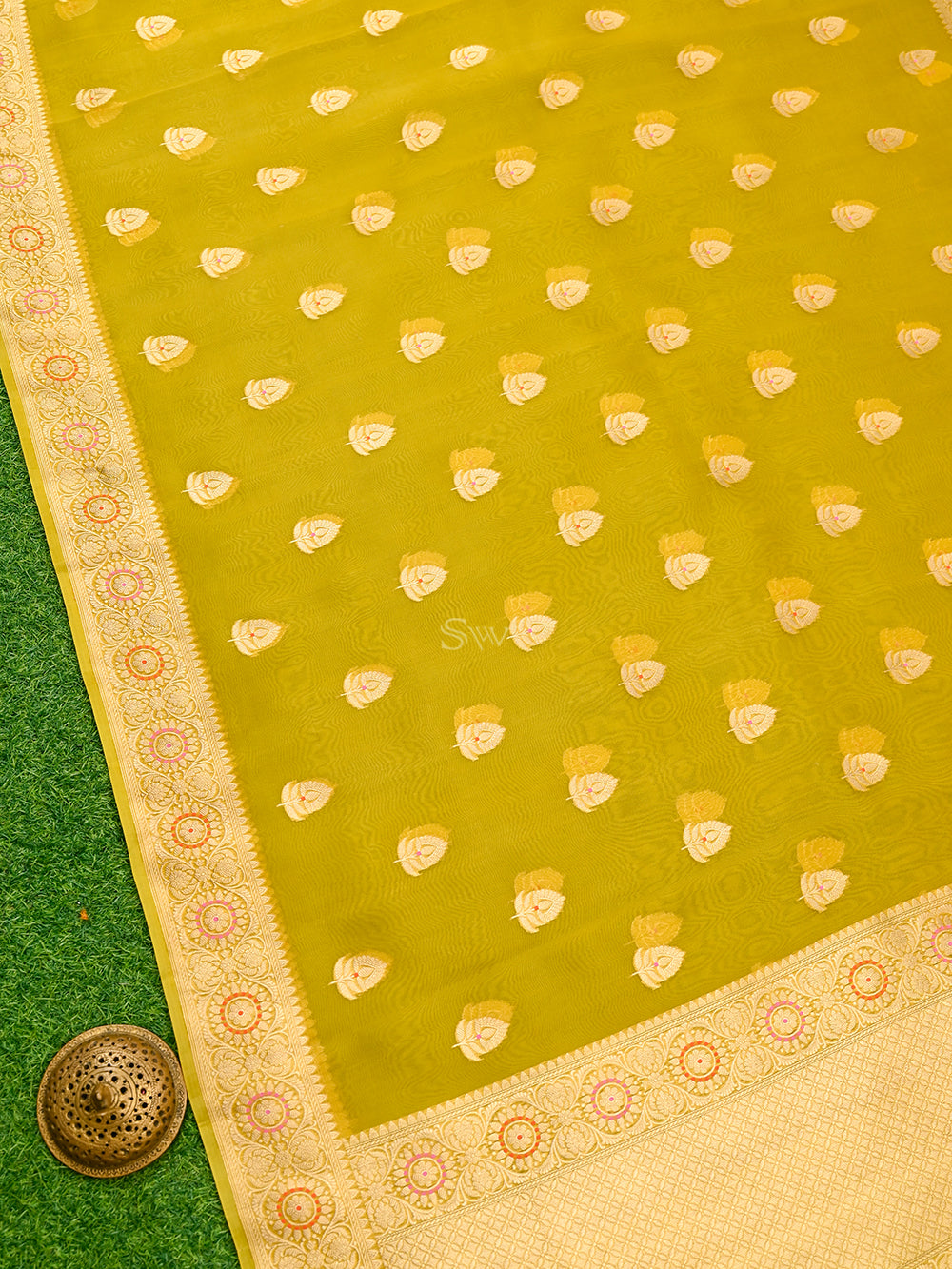 Mustard Organza Silk Handloom Banarasi Saree - Sacred Weaves