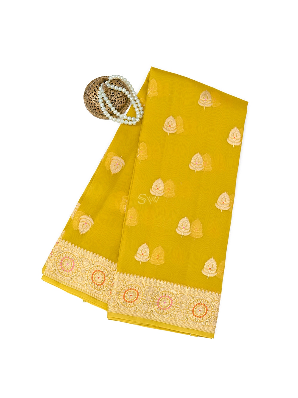 Mustard Organza Silk Handloom Banarasi Saree - Sacred Weaves