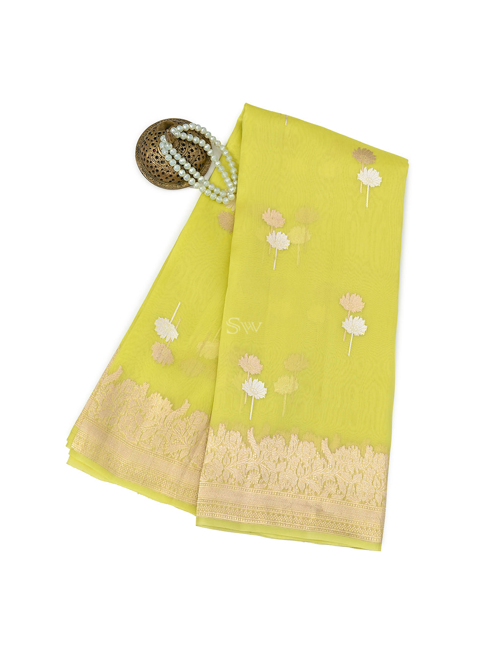 Lime Green Booti Organza Handloom Banarasi Saree - Sacred Weaves