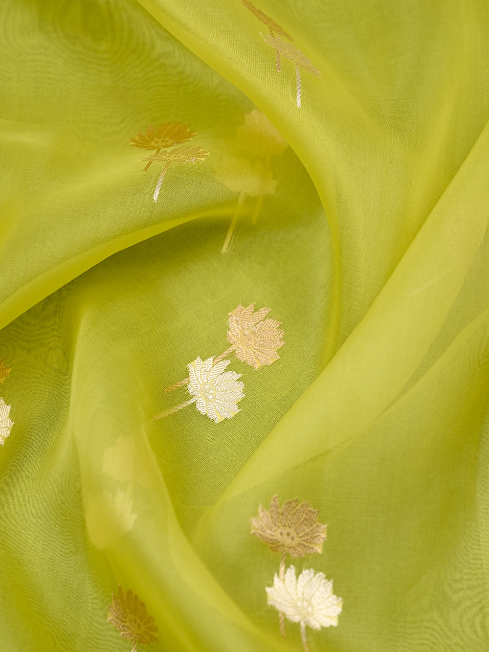 Lime Green Booti Organza Handloom Banarasi Saree - Sacred Weaves