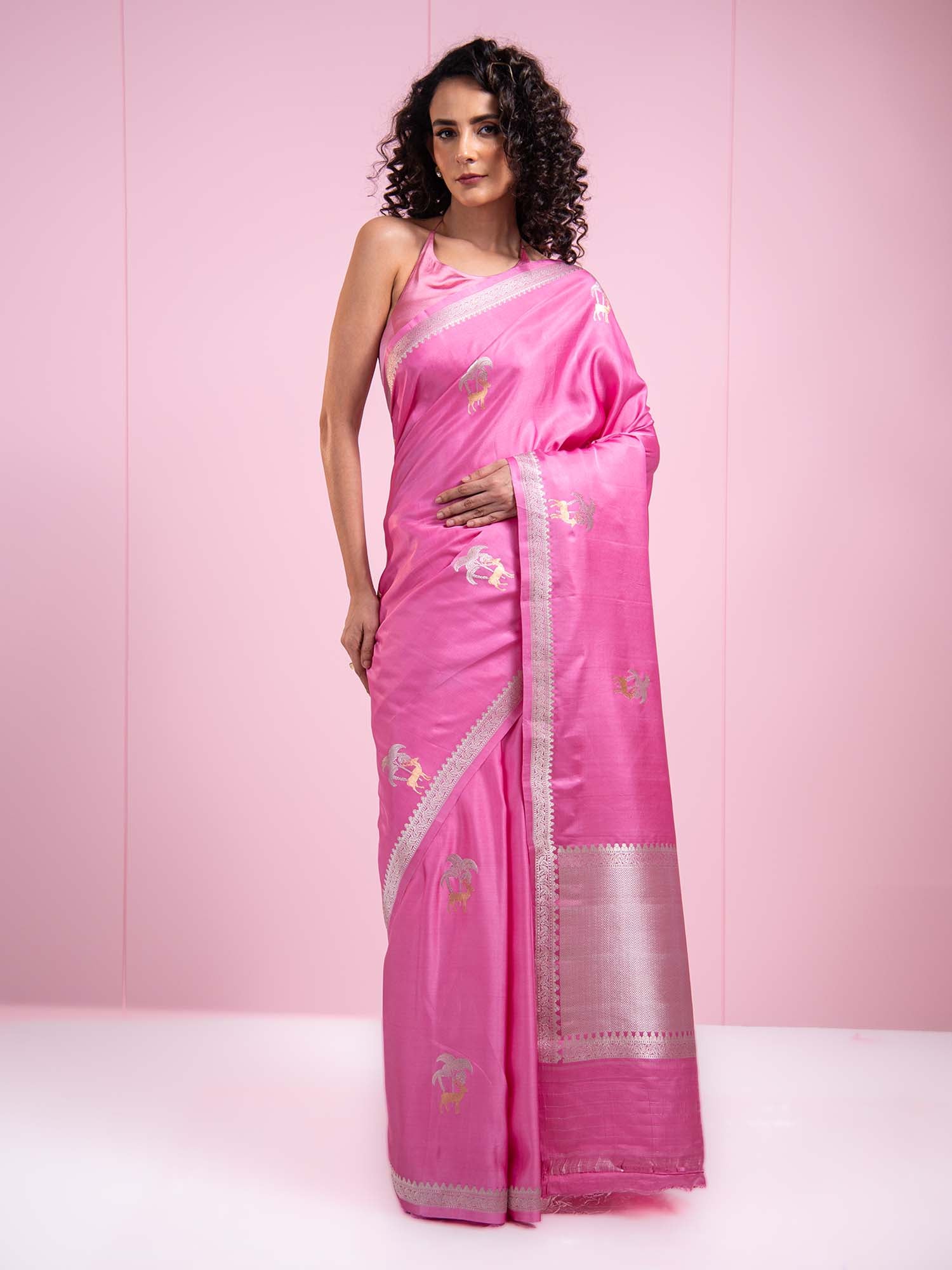 Pink Shikargah Boota Satin Silk Handloom Banarasi Saree - Sacred Weaves