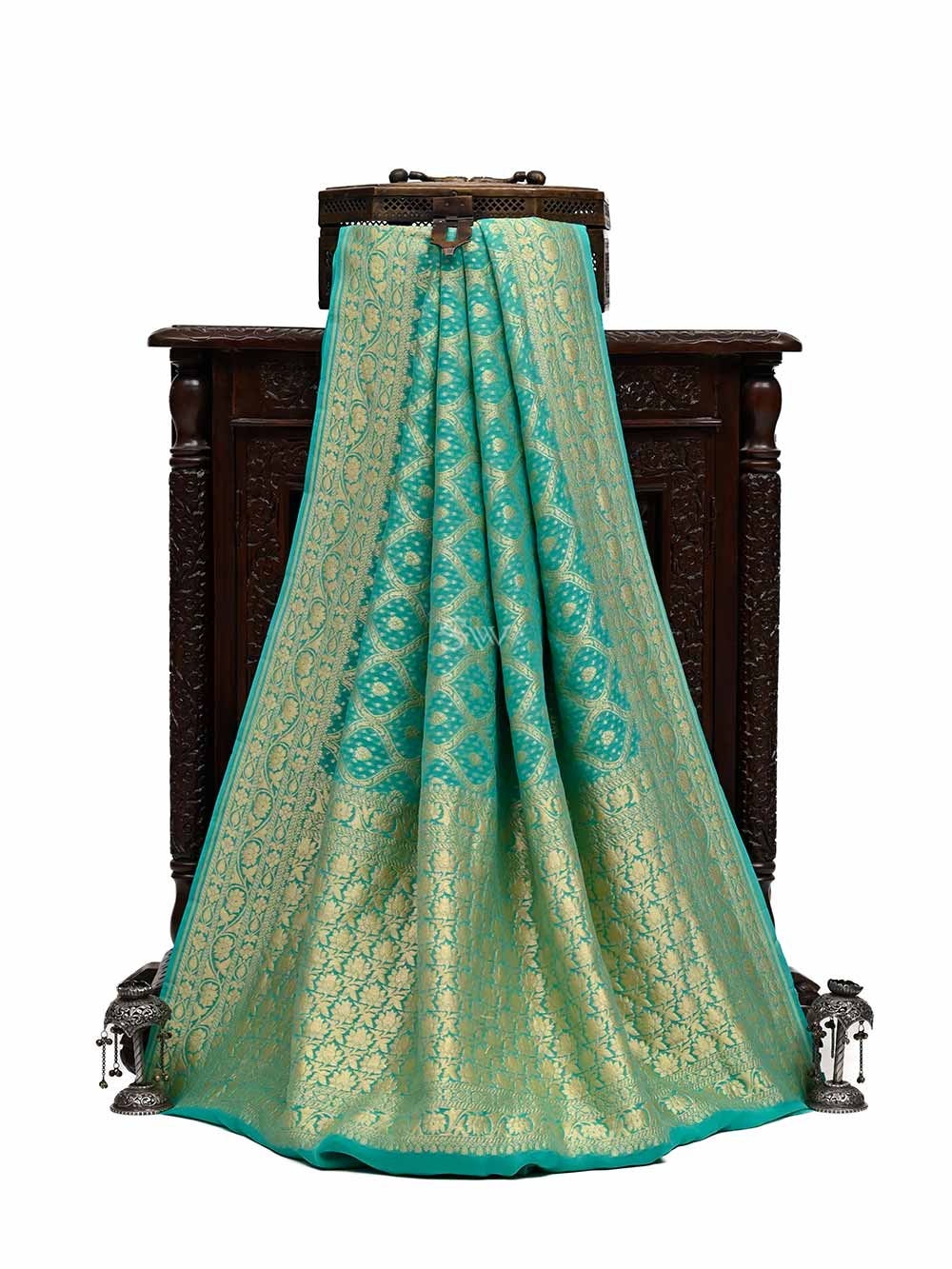 Turquoise Pure Silk Georgette Saree with Rose Jaal