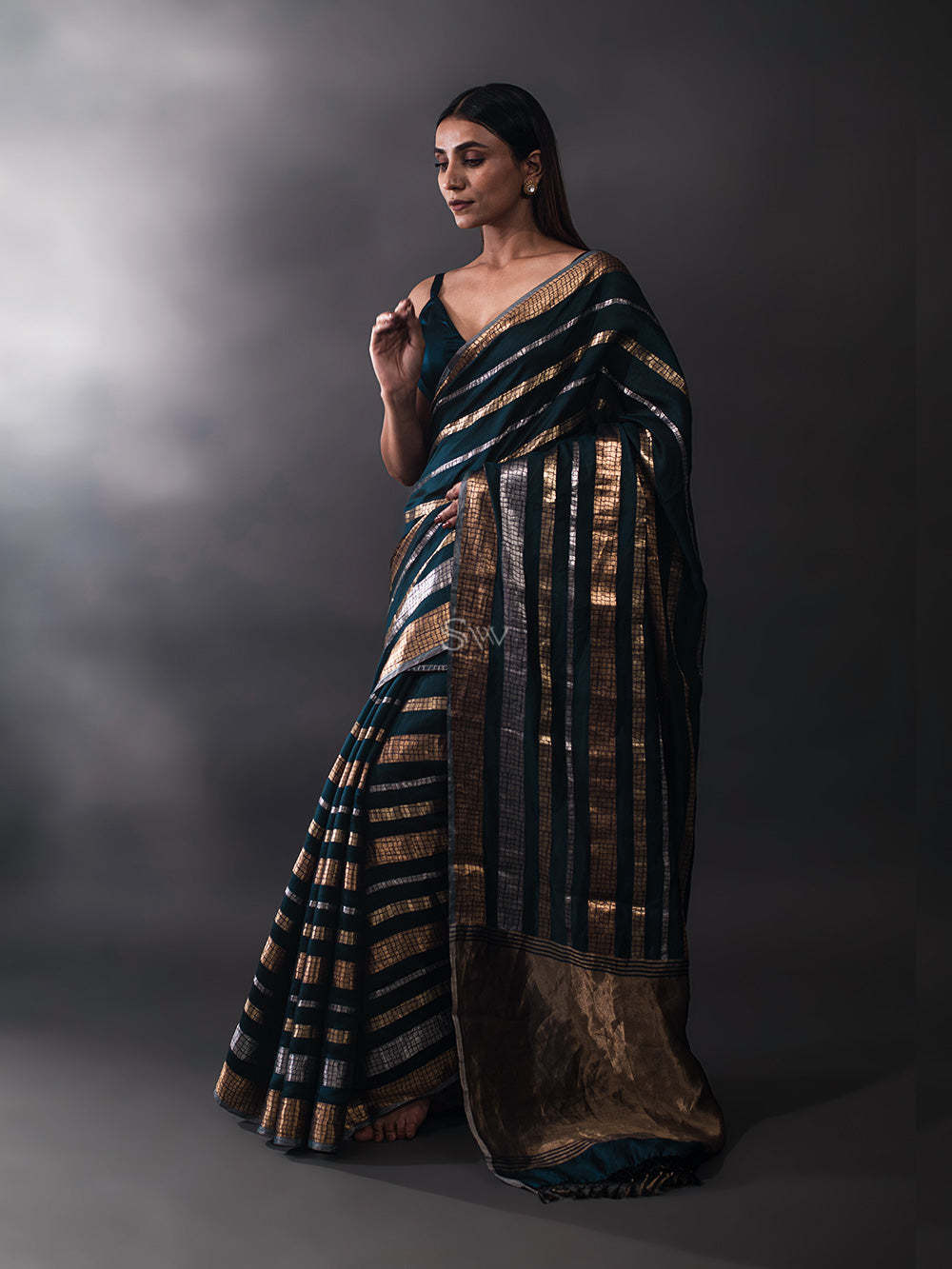 Inky Blue Stripe Katan Silk Handloom Banarasi Saree - Sacred Weaves