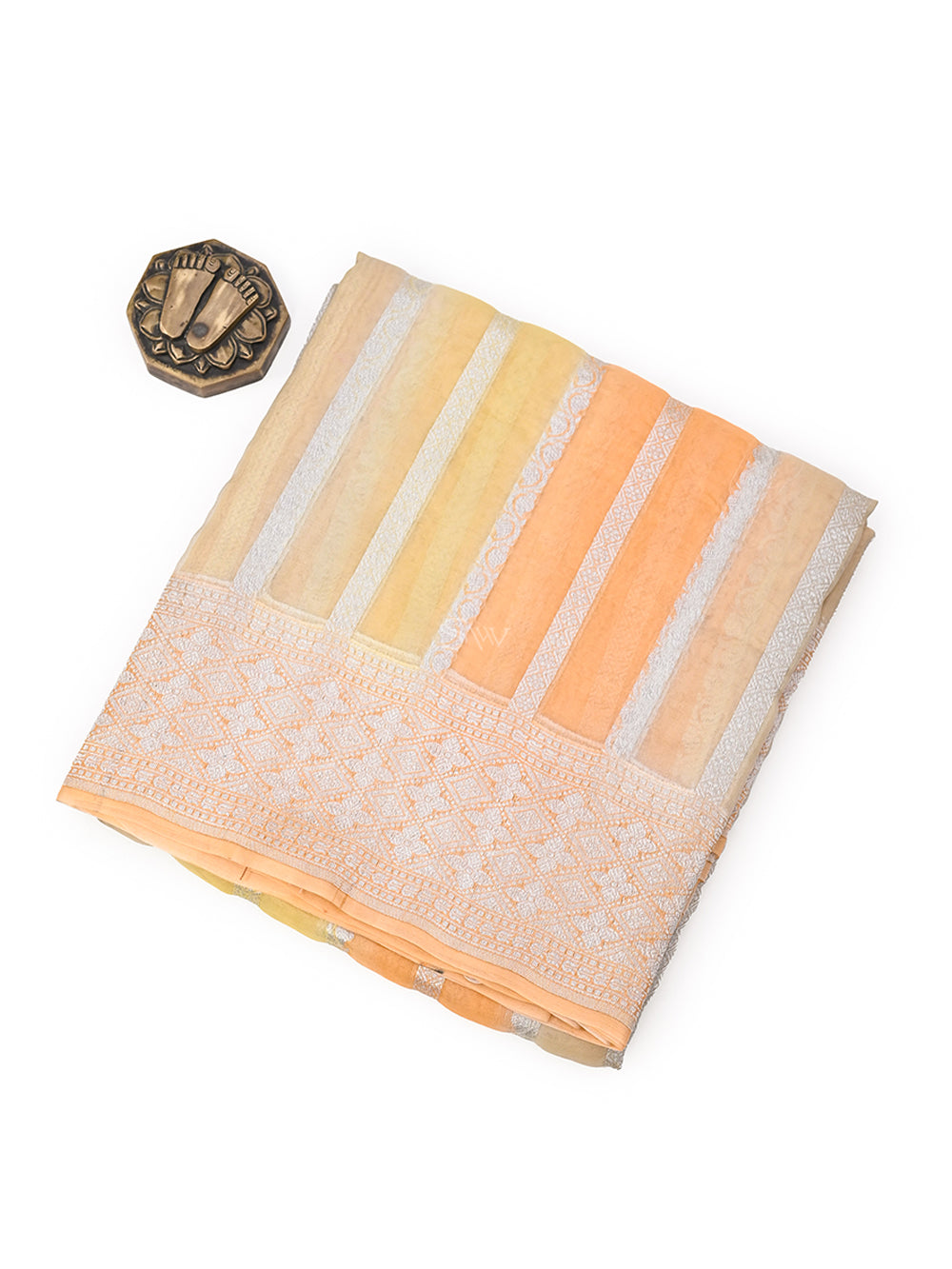 Pastel Yellow Orange Stripe Rangkat Organza Handloom Banarasi Saree