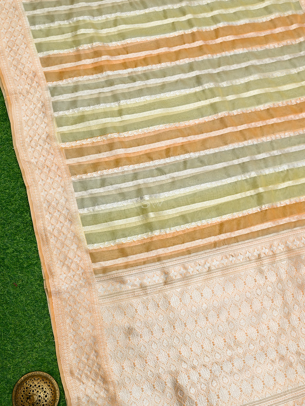 Pastel Yellow Orange Stripe Rangkat Organza Handloom Banarasi Saree - Sacred Weaves