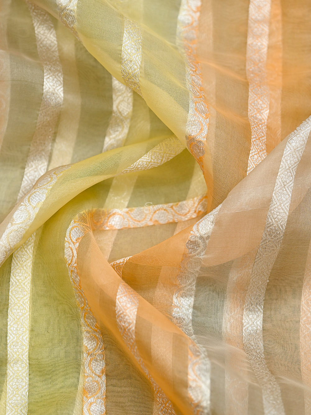 Pastel Yellow Orange Stripe Rangkat Organza Handloom Banarasi Saree - Sacred Weaves