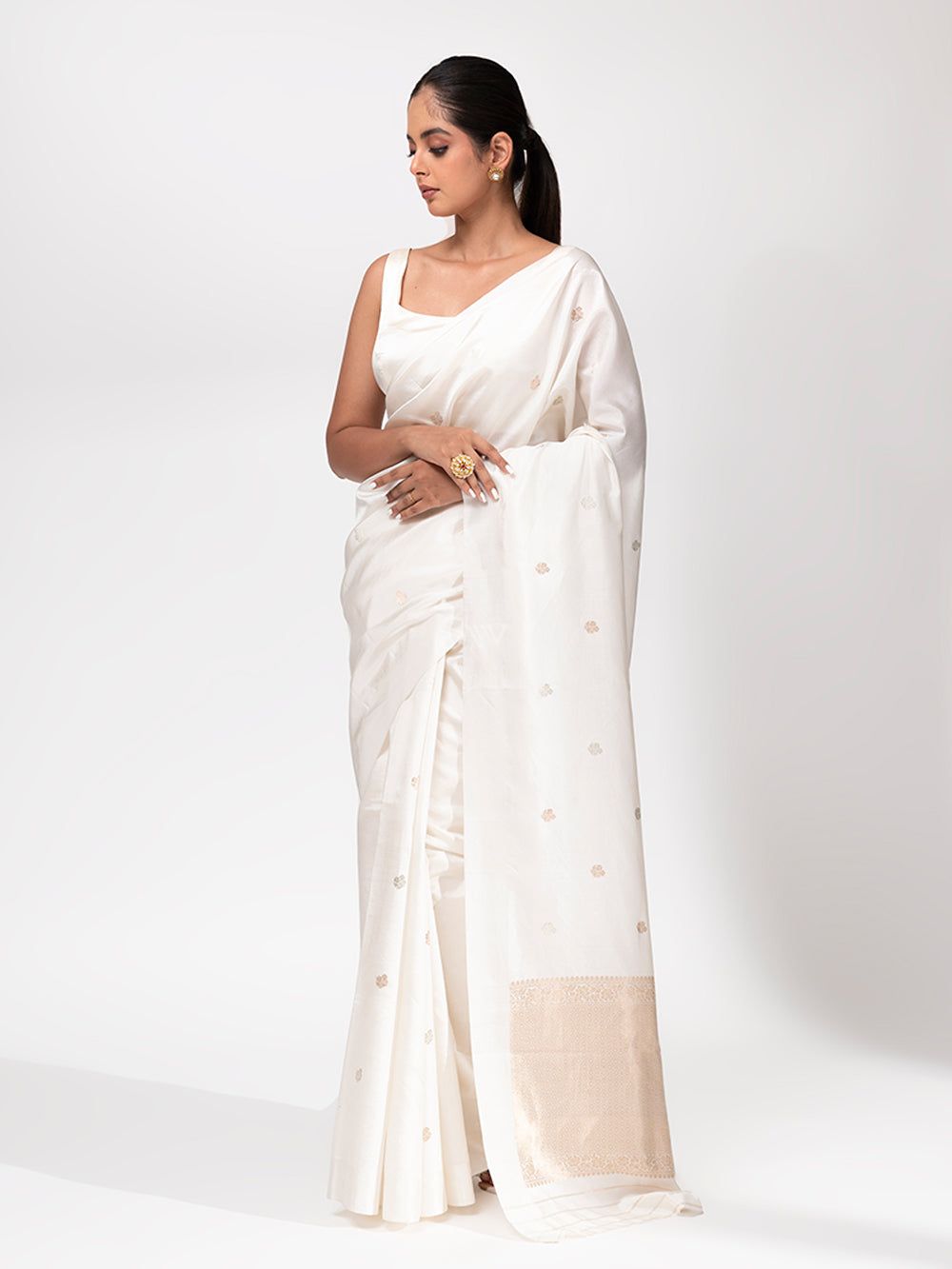 Sunitha Scharma In Almond White Handwoven Banarasi Katan Silk Saree –  Chinaya Banaras