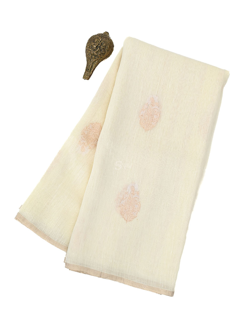 Off White Boota Linen Handloom Banarasi Saree - Sacred Weaves