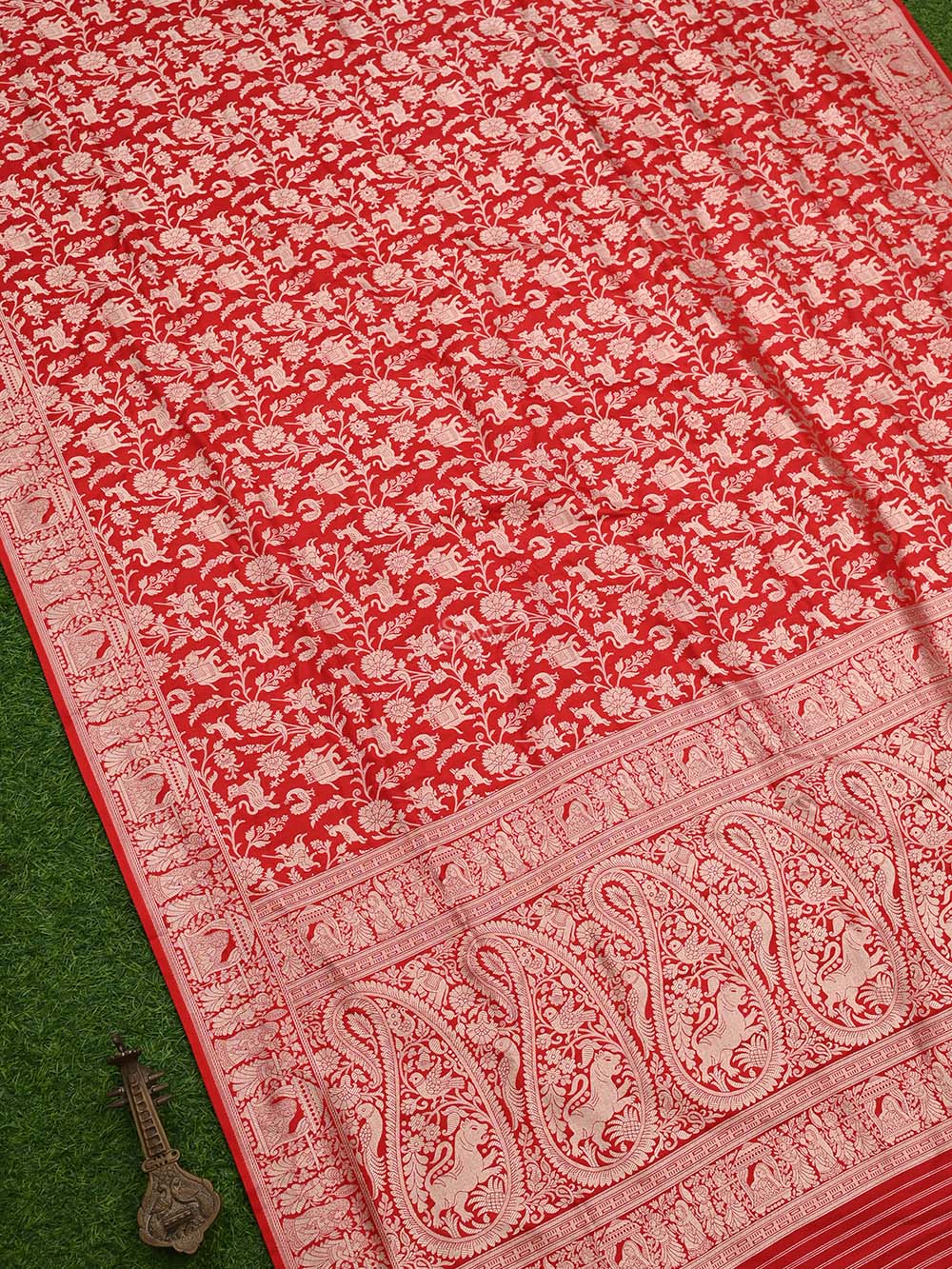 Red Shikargah Jaal Katan Silk Handloom Banarasi Dupatta - Sacred Weaves