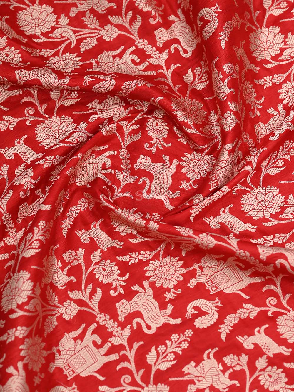 Red Shikargah Jaal Katan Silk Handloom Banarasi Dupatta - Sacred Weaves