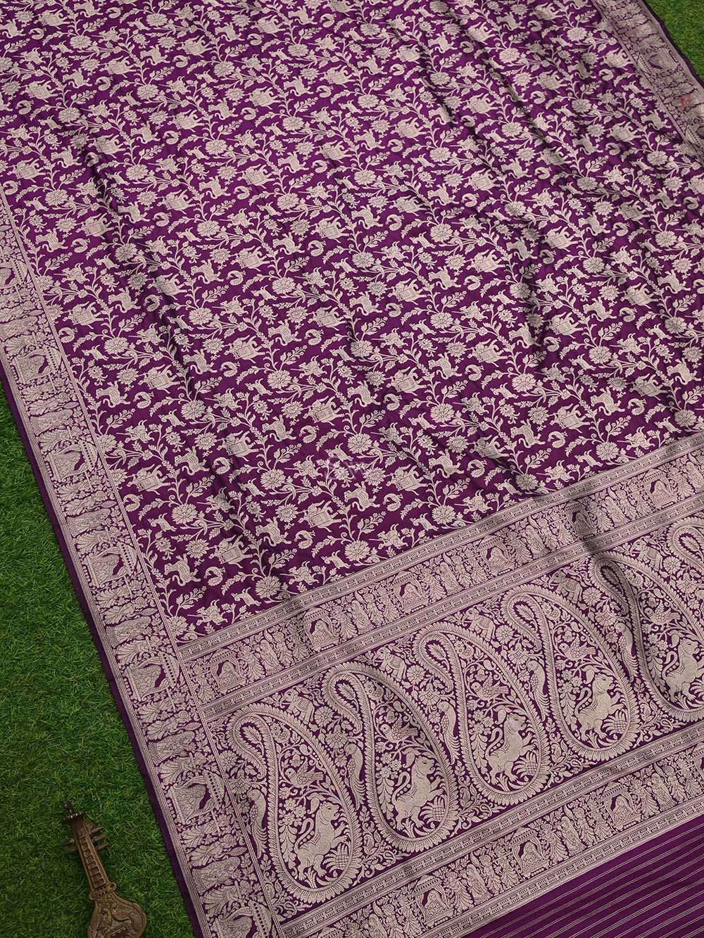 Dark Purple Shikargah Jaal Katan Silk Handloom Banarasi Dupatta - Sacred Weaves