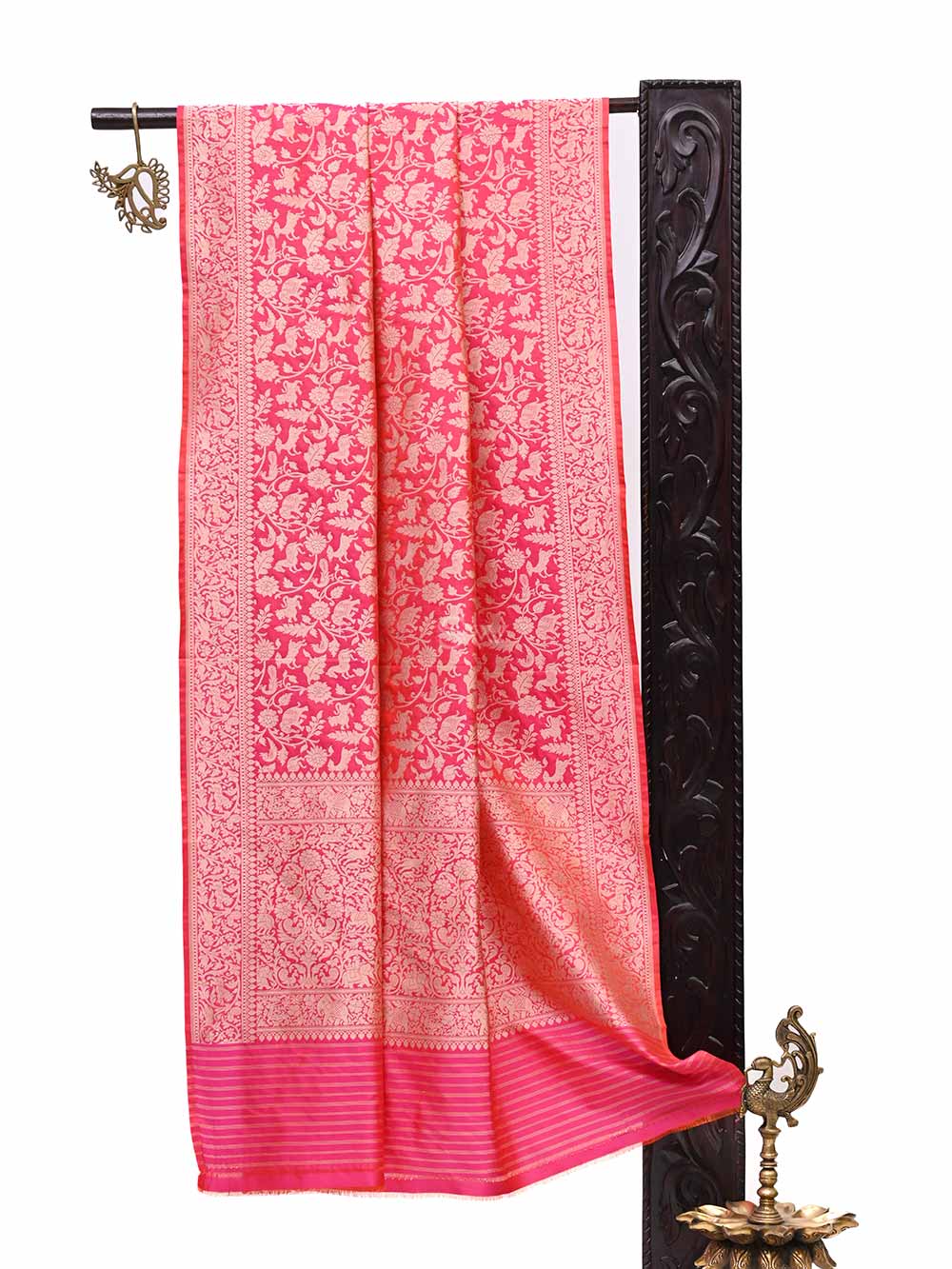 Pink Orange Shikargah Jaal Katan Silk Handloom Banarasi Dupatta - Sacred Weaves