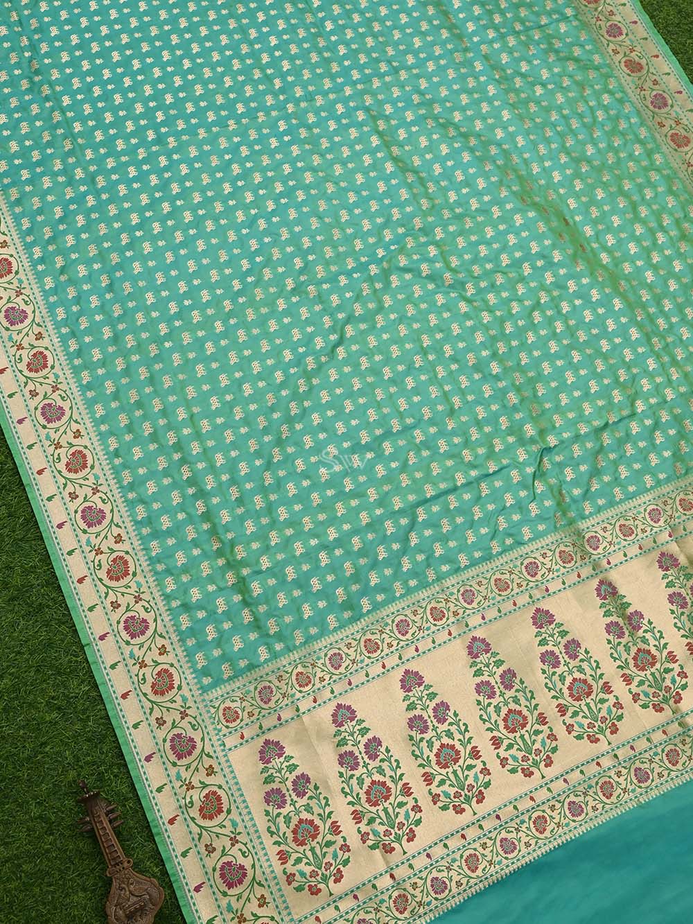 Sea Green Paithani Shikargah Katan Silk Handloom Banarasi Dupatta - Sacred Weaves