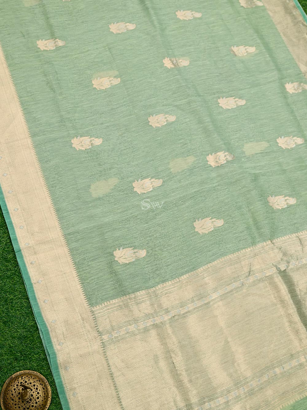 Pastel Green Boota Linen Handloom Banarasi Saree - Sacred Weaves