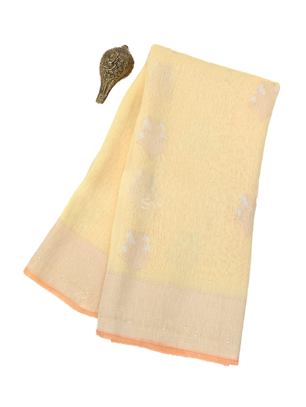 Pastel Yellow Boota Linen Handloom Banarasi Saree - Sacred Weaves