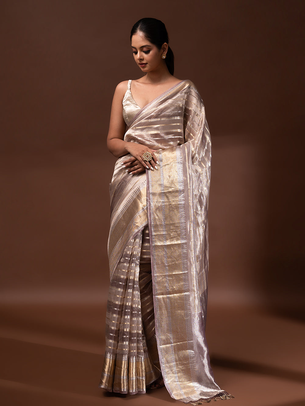 EXCLUSIVE Silver Metallic Shimmer Banarasi Organza Silk Saree Blouse | TST  | The Silk Trend