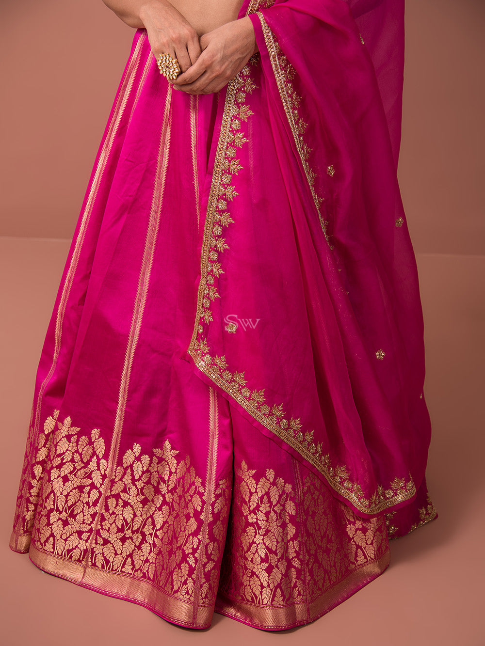 Magenta Satin Silk Handloom Banarasi Lehenga - Sacred Weaves