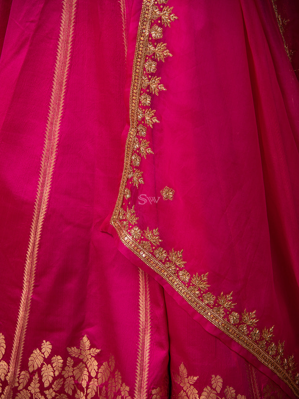 Magenta Satin Silk Handloom Banarasi Lehenga - Sacred Weaves