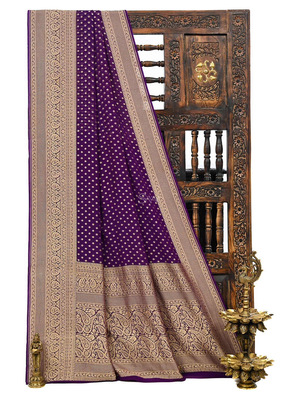 Purple Booti Khaddi Georgette Handloom Banarasi Saree - Sacred Weaves