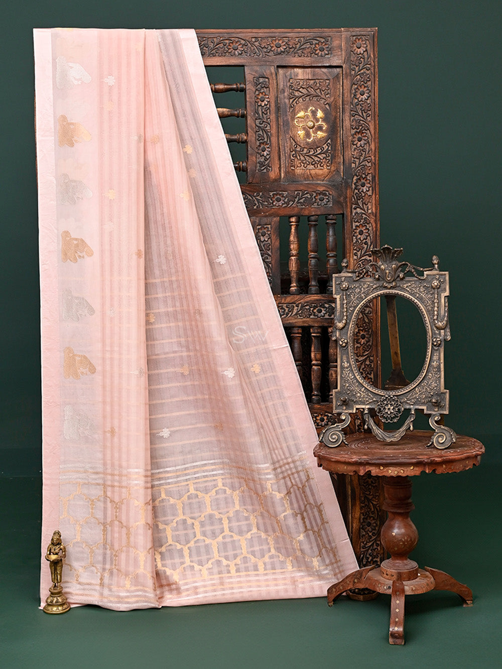 Light Rose Gold Organza Handloom Banarasi Saree - Sacred Weaves