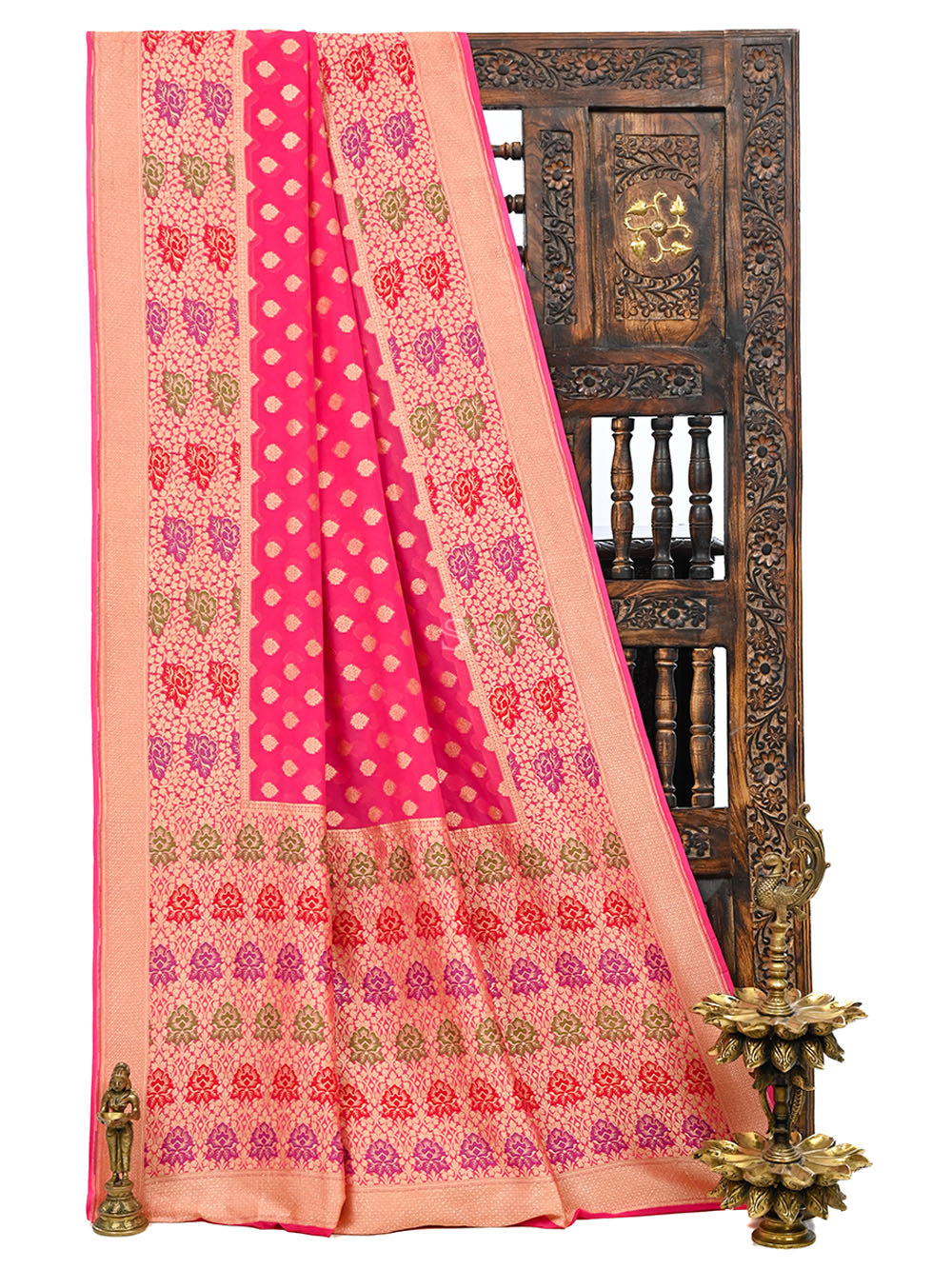 Coral Pink Booti Khaddi Georgette Handloom Banarasi Saree - Sacred Weaves