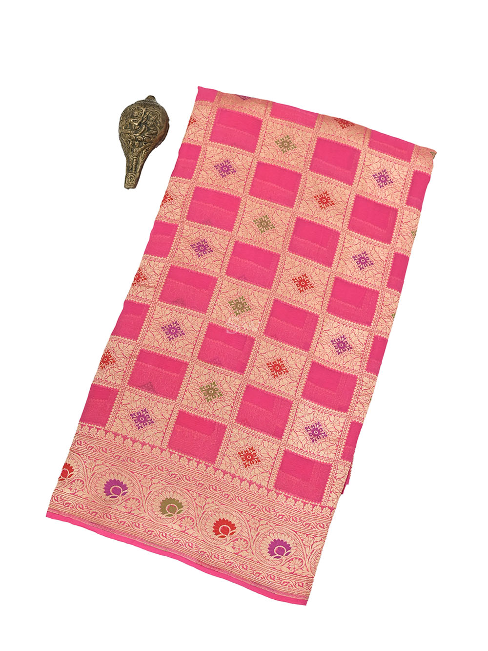 Bright Pink Meenakari Check Khaddi Georgette Handloom Banarasi Saree