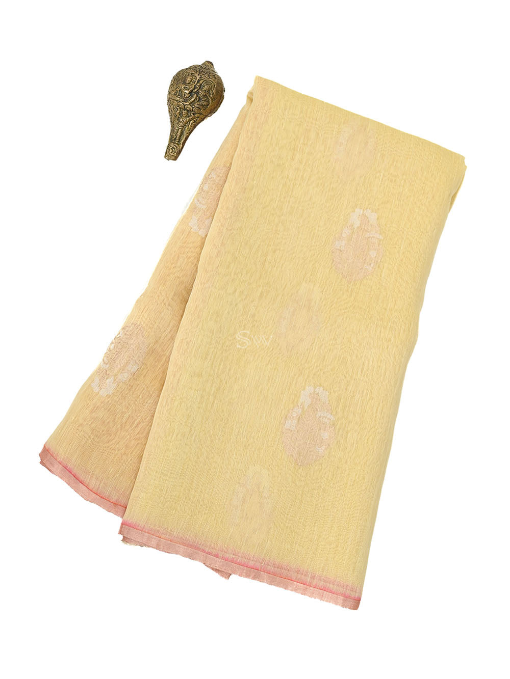 Pastel Yellow Boota Linen Handloom Banarasi Saree - Sacred Weaves