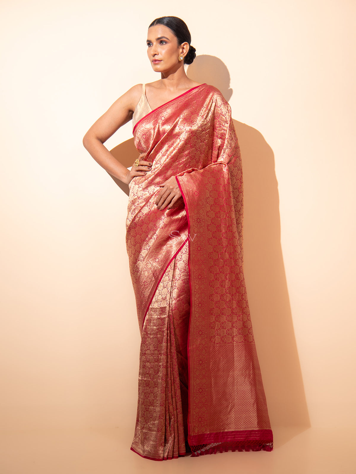 Pink Red Katan Silk Brocade Handloom Banarasi Saree - Sacred Weaves