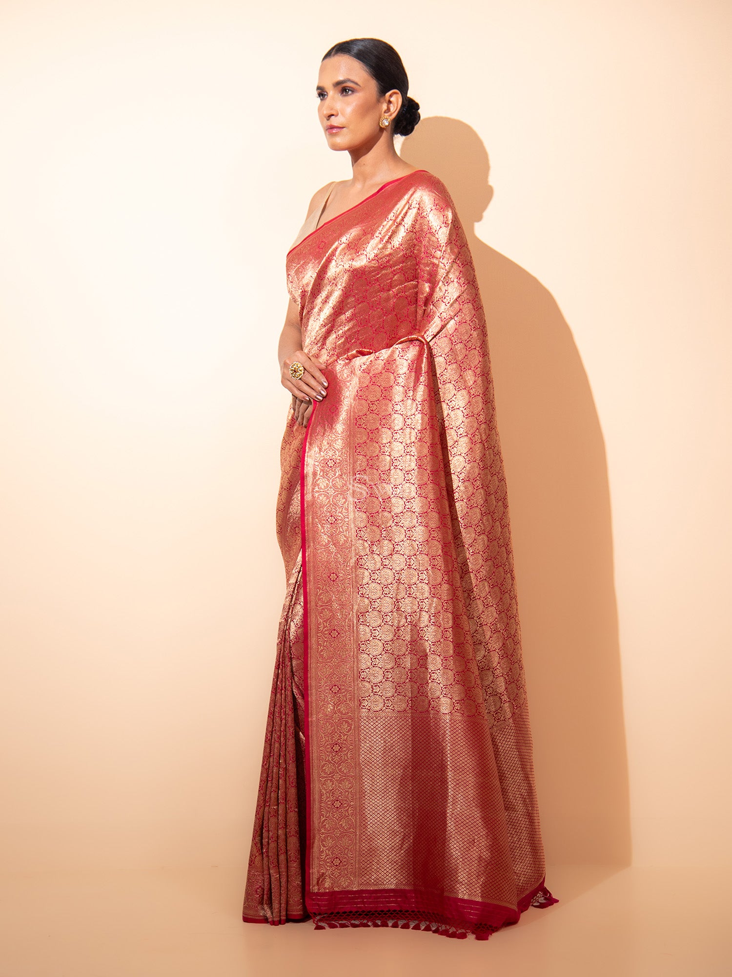 Pink Red Katan Silk Brocade Handloom Banarasi Saree - Sacred Weaves