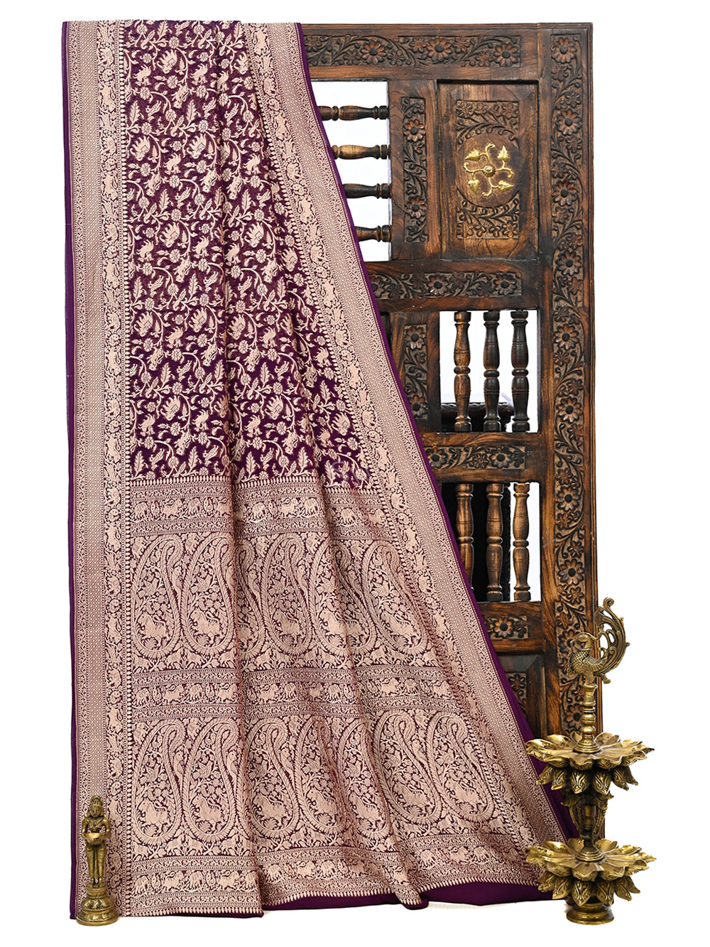 Wine Shikargah Khaddi Georgette Handloom Banarasi Saree - Sacred Weaves