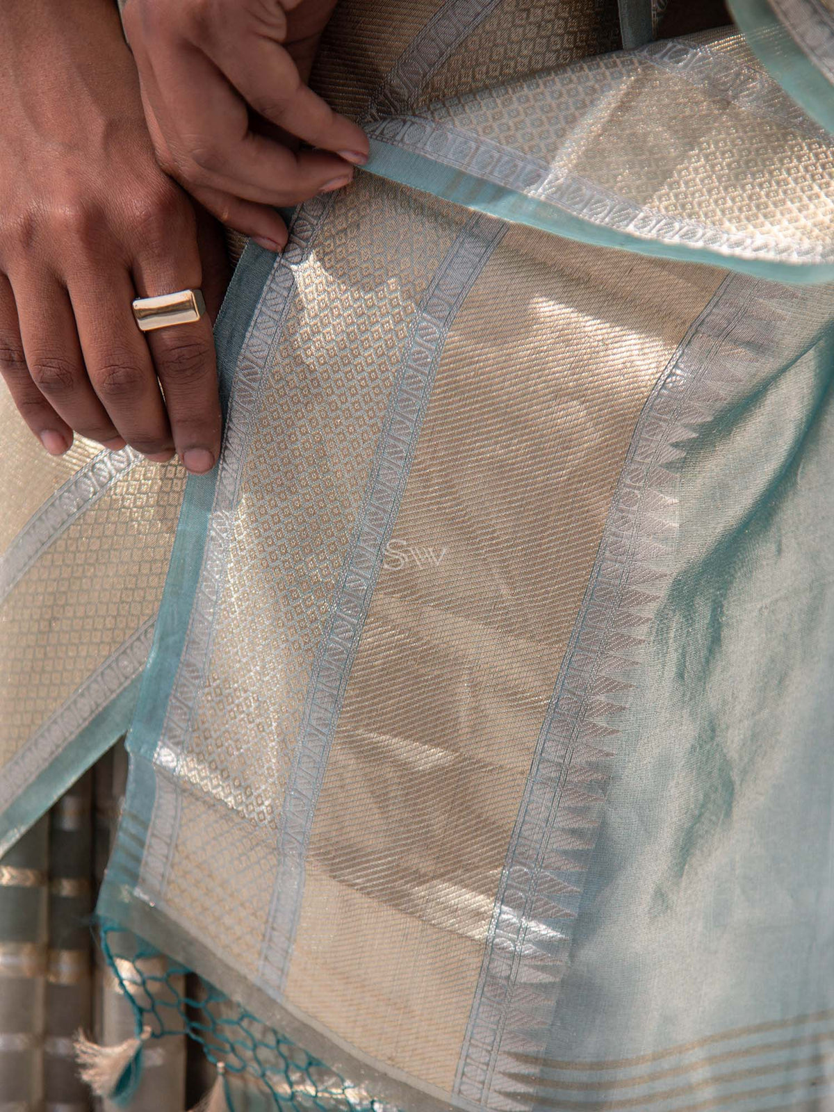 Teal Blue Tissue Handloom Banarasi Saree - Sacred Weaves