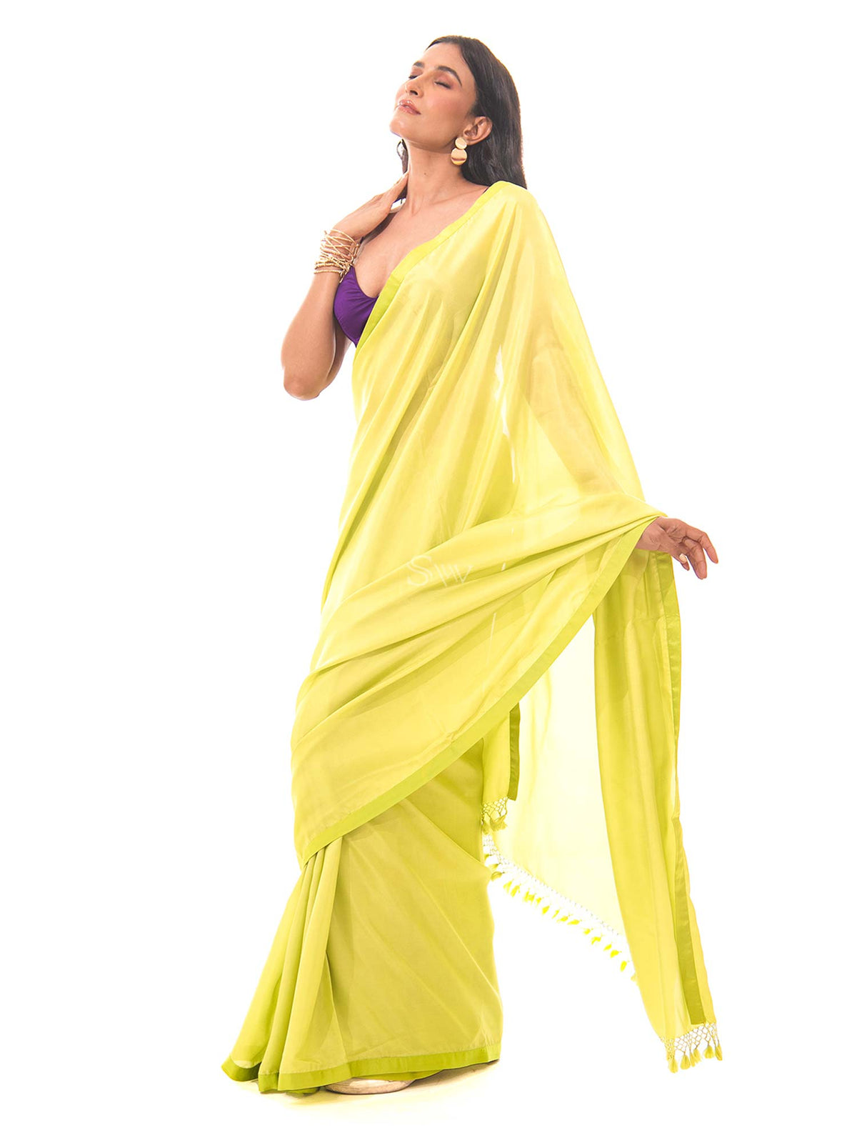 Lime Yellow Plain Silk Handloom Saree