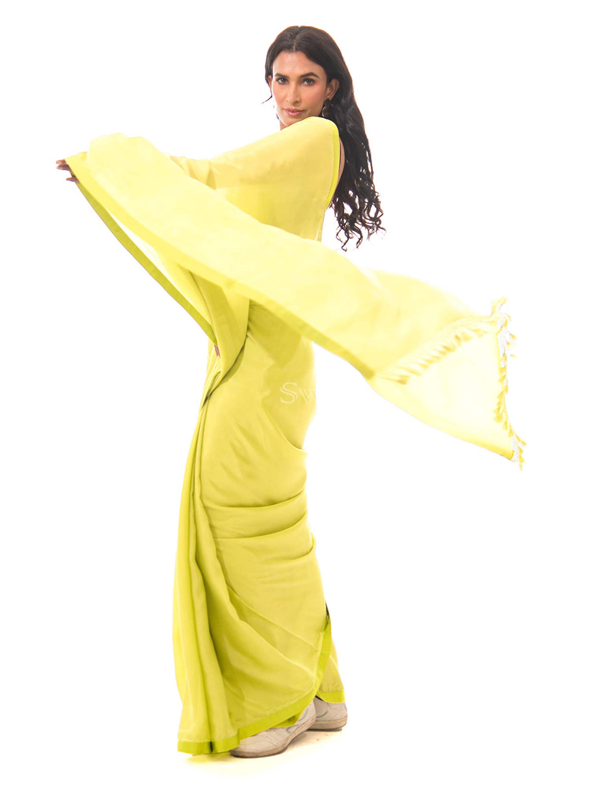 Lime Yellow Plain Silk Handloom Saree