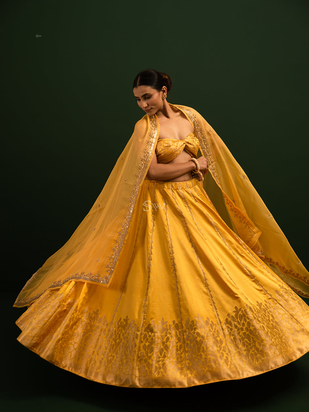 Banarasi Silk Unstitched Yellow Haldi Lehenga Choli Online India USA –  Sunasa