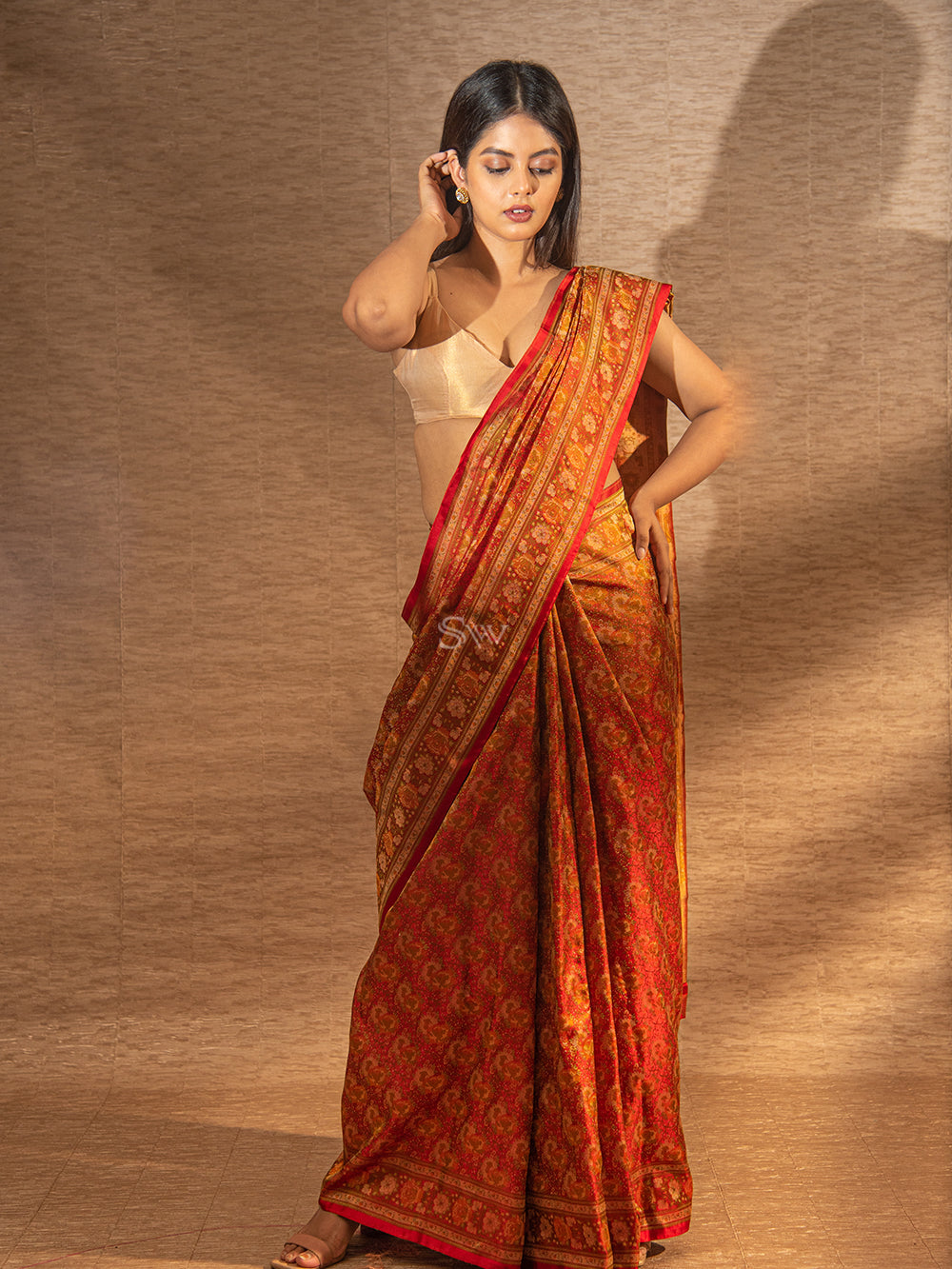 Orange Tissue linen Saree With Golden Zari Border– Swapna Creation