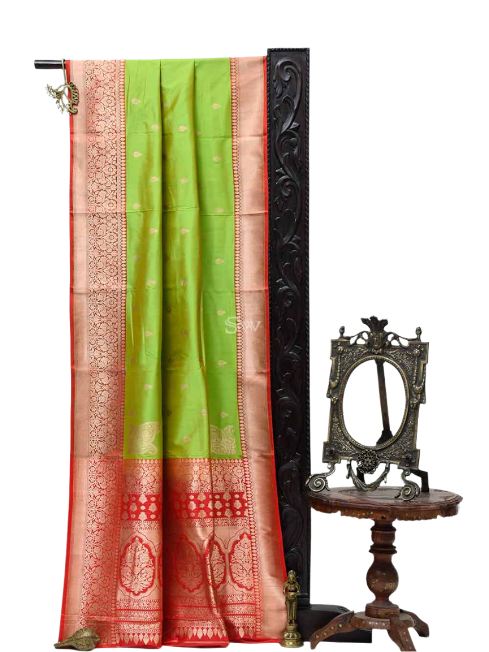 Parrot Green Boota Katan Silk Handloom Banarasi Saree - Sacred Weaves