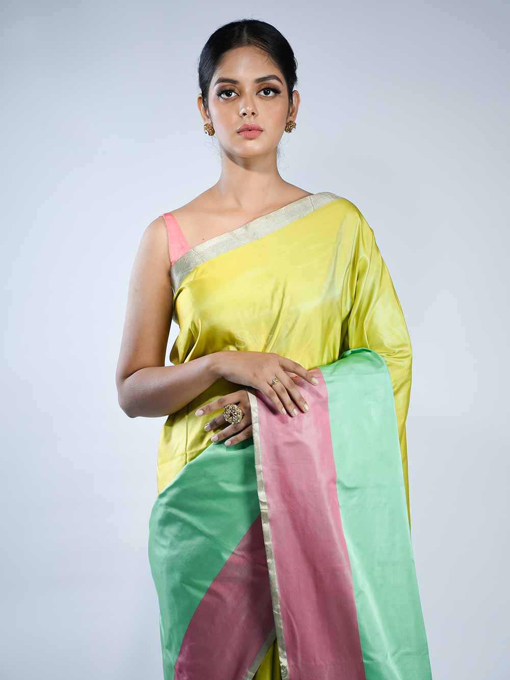 Green Pink Stripe Satin Silk Handloom Banarasi Saree - Sacred Weaves