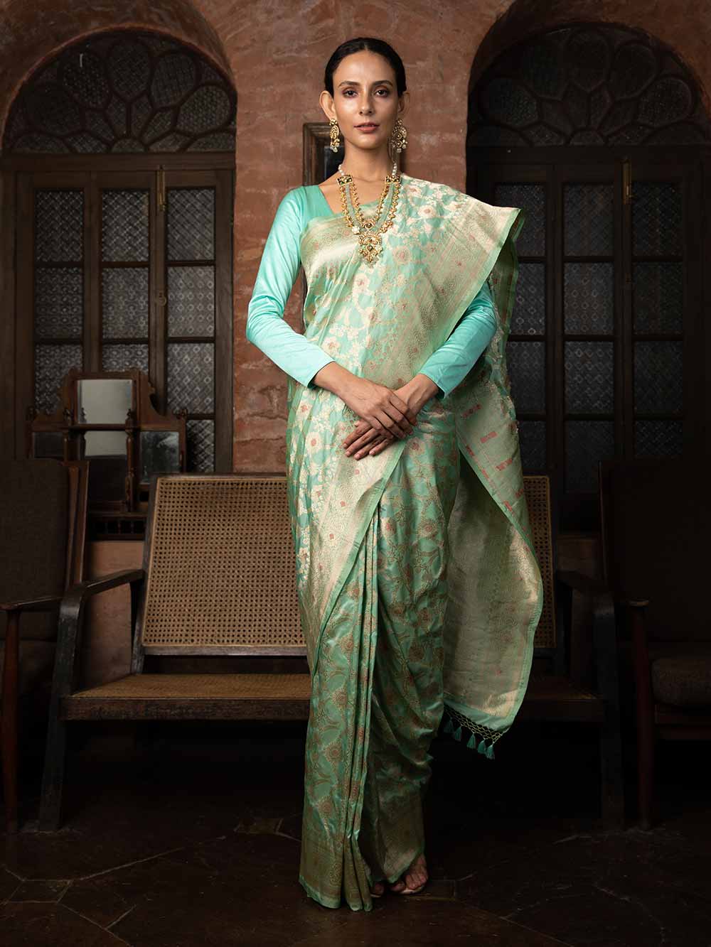 Buy Light Green Zari Wedding Banarasi Silk Traditional Saree for Women  Online @ Tata CLiQ Luxury