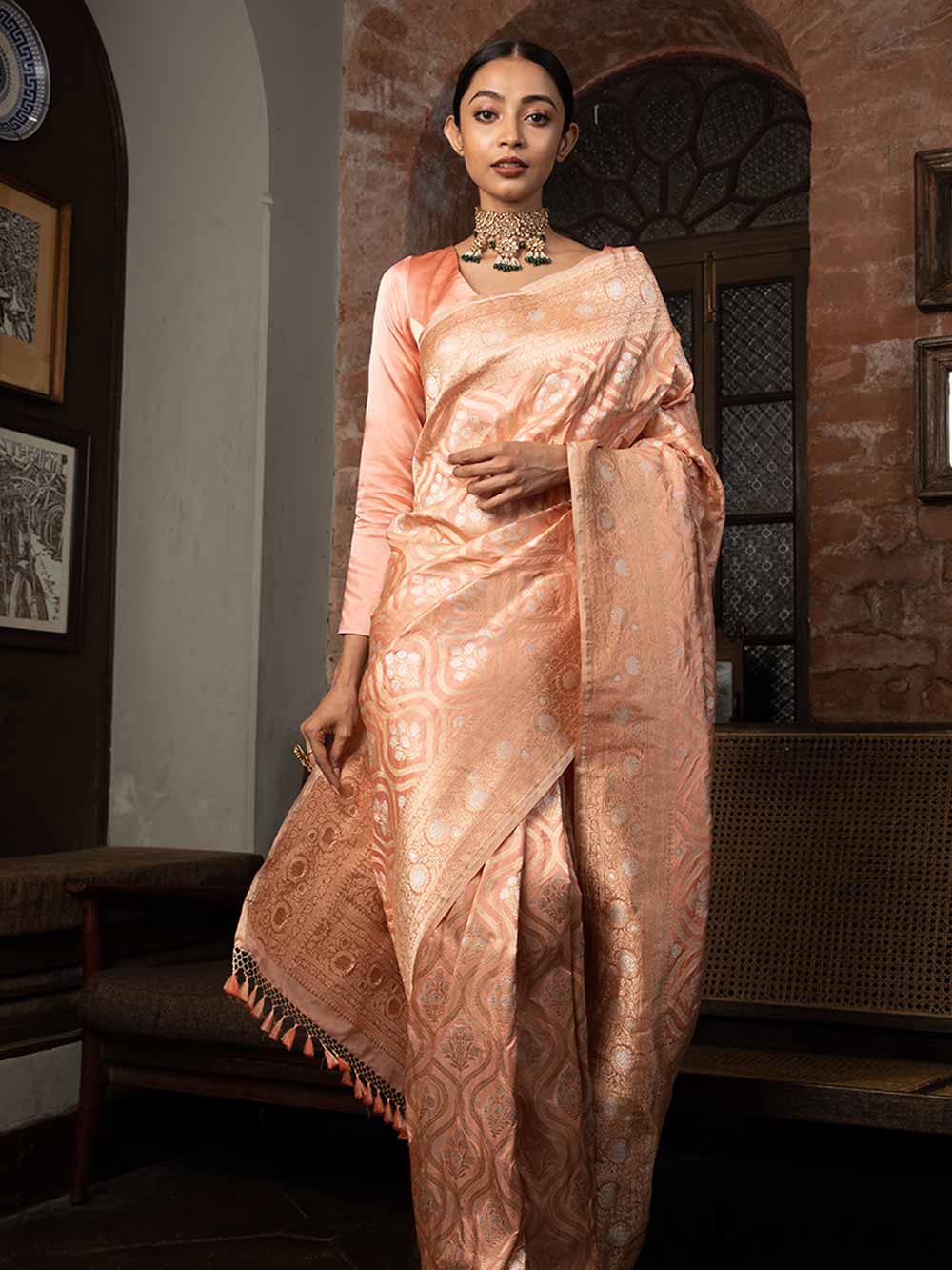 Peach coloured banarasi silk saree with blouse