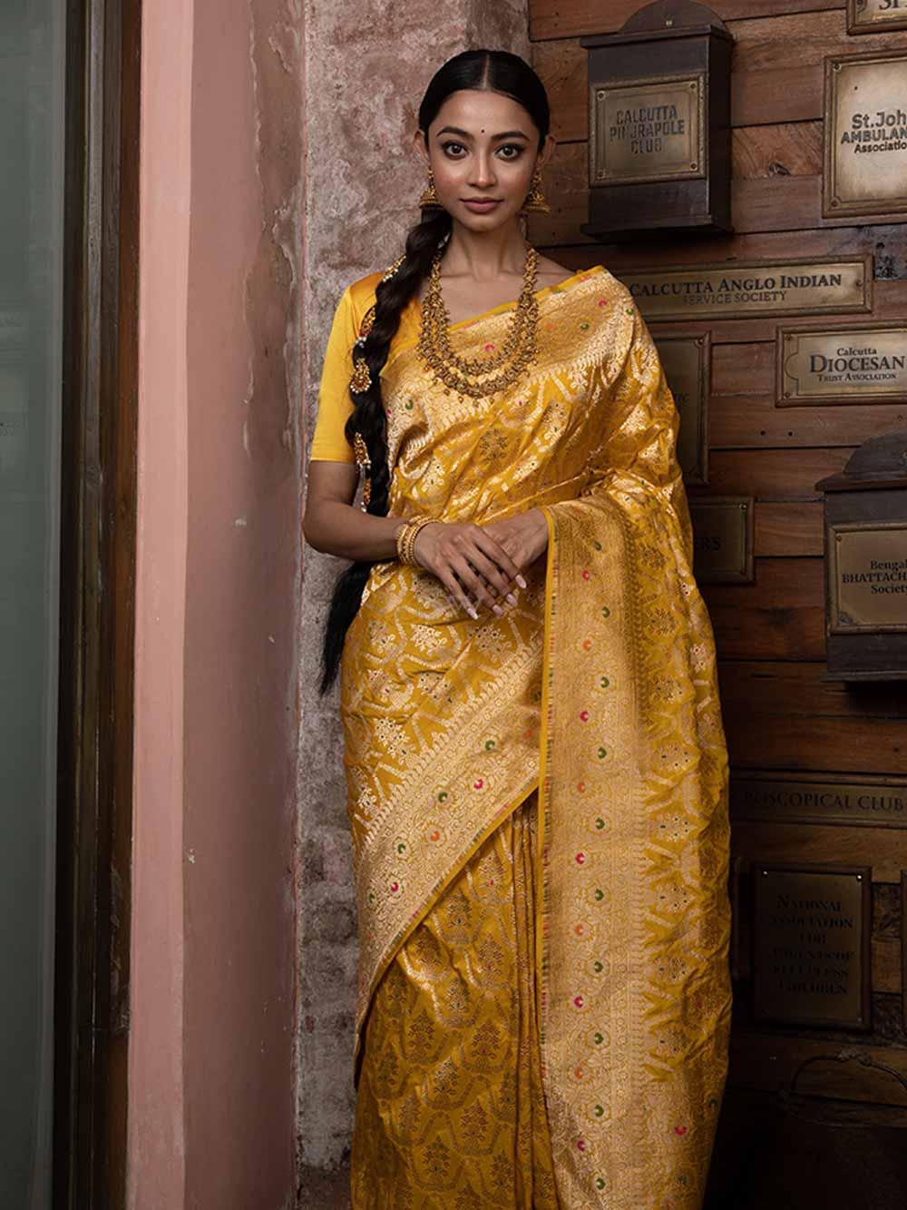 Yellow Meenakari Uppada Katan Silk Handloom Banarasi Saree - Sacred Weaves